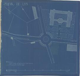 Blueprint of plan showing in red the approved alignments, new traffic roundabout and in green lattice the proposed new buildings in Fleur De Lis road