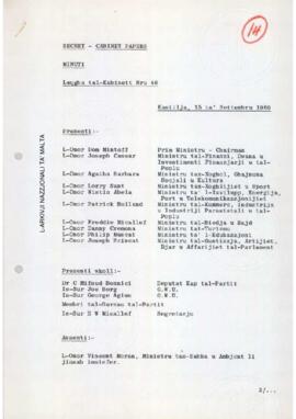 Minutes of Cabinet Meeting held on 15 September 1980