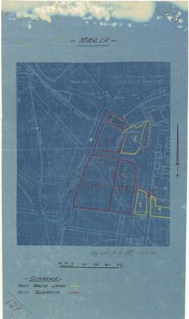 Blue print plan of part of Marsa, showing government waste lands in yellow and government tenements ir red .